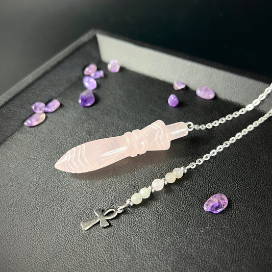 Engraved Egyptian Thot pendulum, Rose Quartz, Labradorite, Ankh