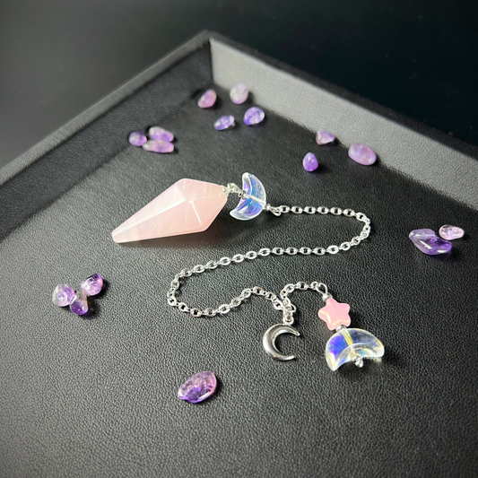 Celestial rose quartz dowsing pendulum, with moon & star charms