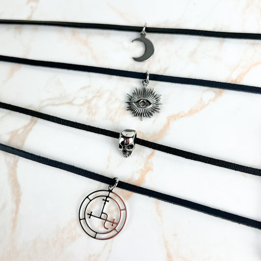 Gothic choker, Lilith sigil, Moon crescent, Third eye, skull, faux leather suede and stainless steel, witch necklace