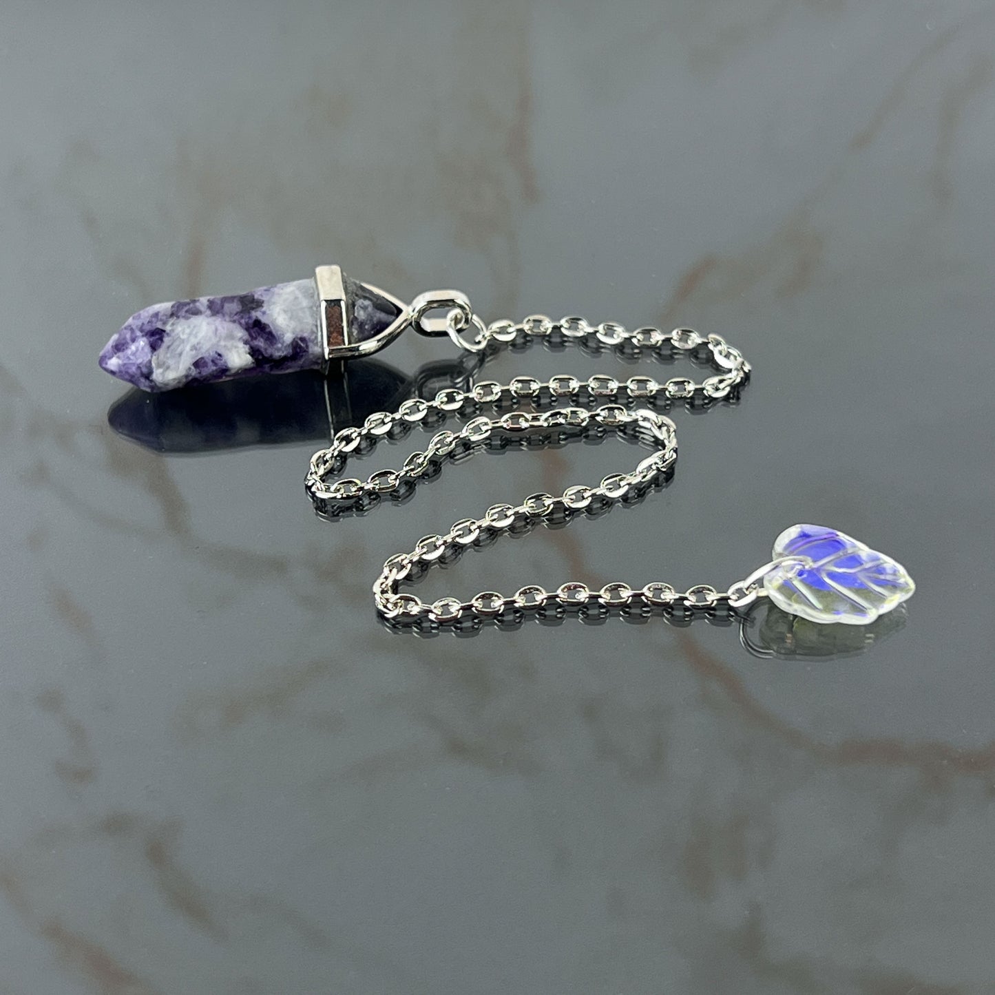 Charoite and leaf dowsing divination pendulum