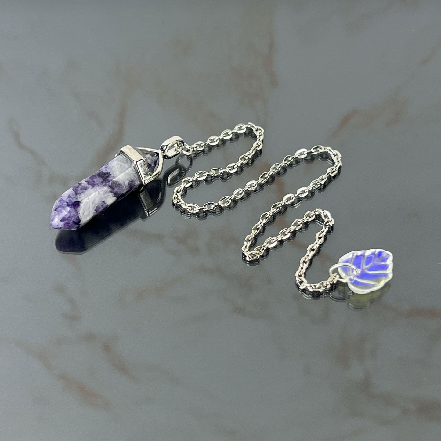 Charoite and leaf dowsing divination pendulum