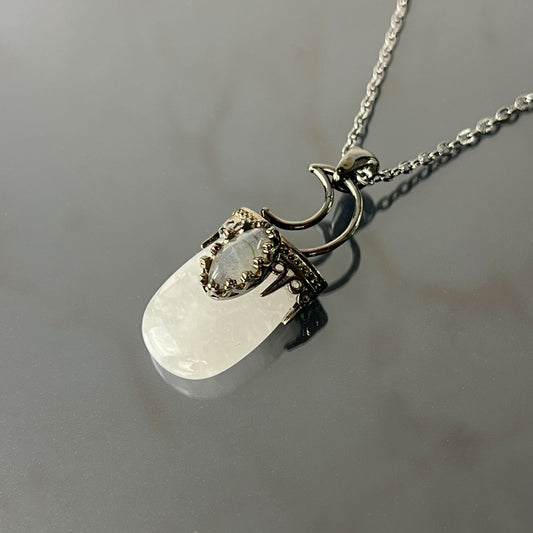 Crescent moon quartz and labradorite gunmetal-tone necklace