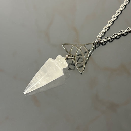 Clear quartz and triquetra Celtic knot pendulum necklace, stainless steel