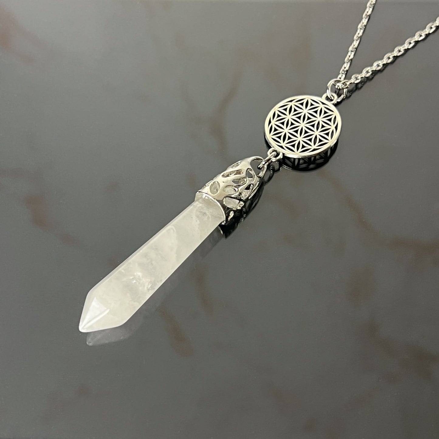 Quartz crystal flower of life pendulum necklace Baguette Magick