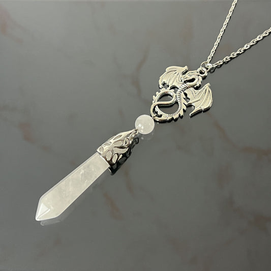 Dragon and clear quartz pendulum necklace