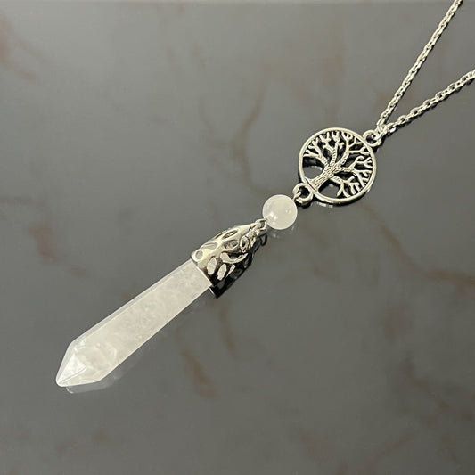 Clear quartz and tree of life pendulum necklace