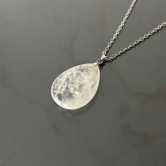 Clear quartz stainless steel pendant necklace