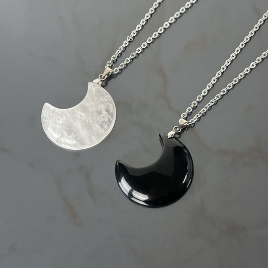 Moon crescent clear quartz or obsidian stainless steel pendant necklace