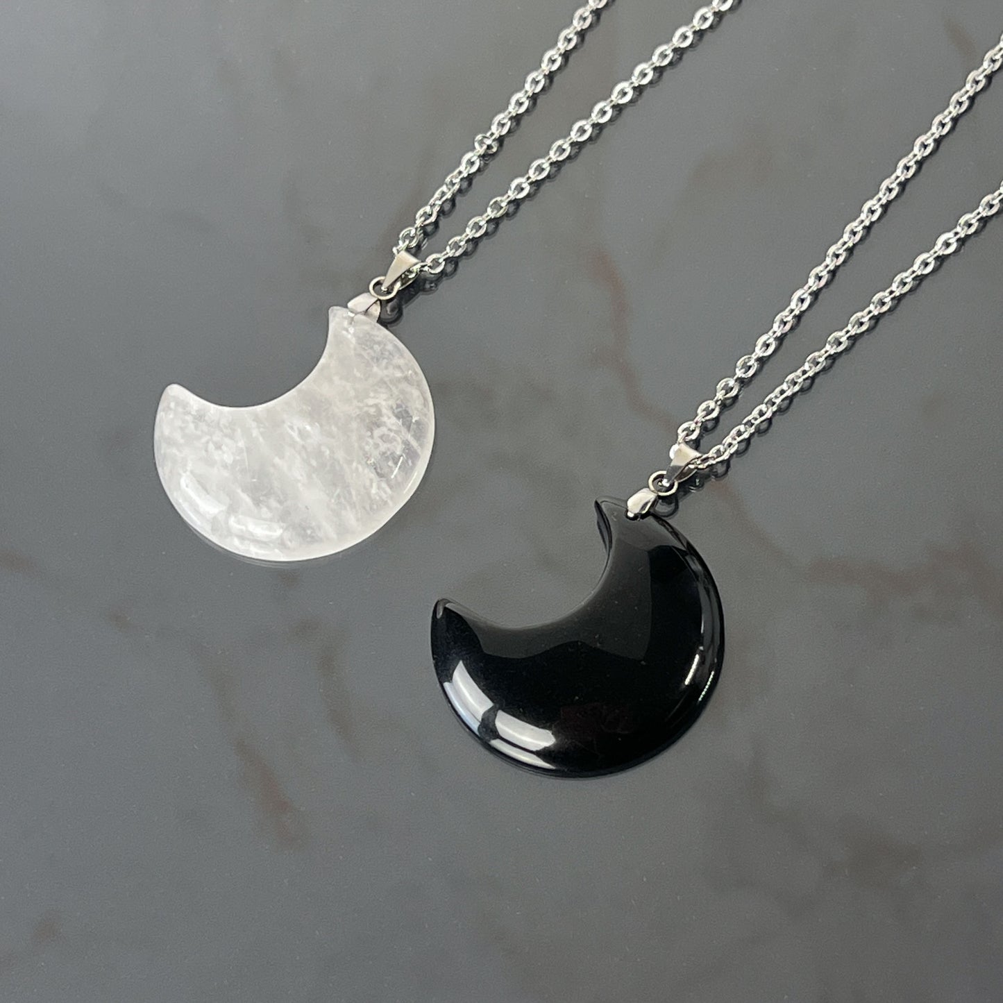 Moon crescent clear quartz or obsidian stainless steel pendant necklace Baguette Magick