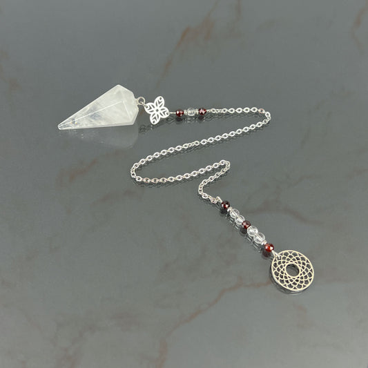 Quartz, garnet and stainless steel sacred geometry pendulum