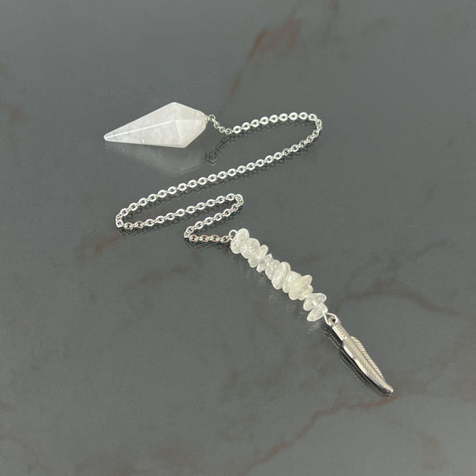 Stainless steel clear quartz and feather pendulum