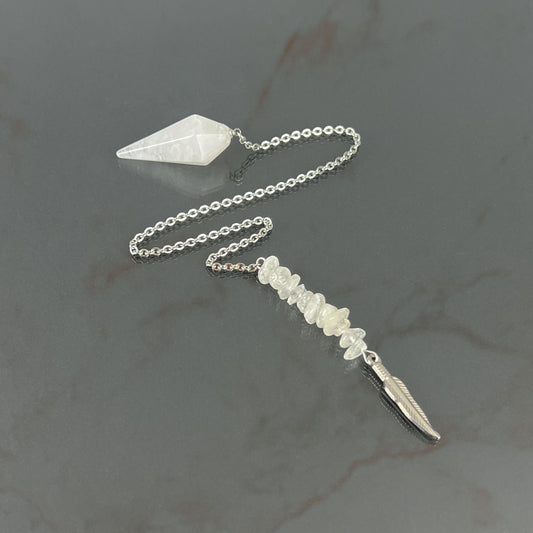 Stainless steel clear quartz and feather pendulum Baguette Magick