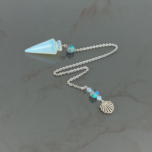 Sea witch pendulum made with opalite, stainless steel and mermaid glass