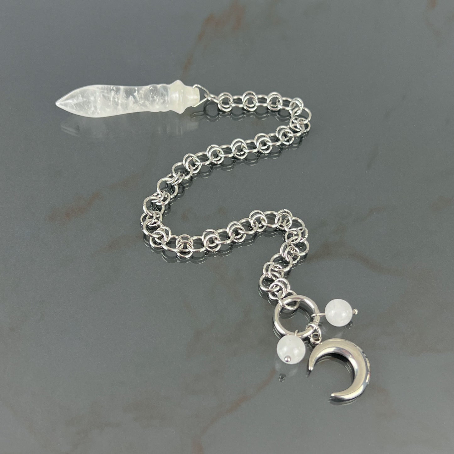 Egyptian Thot pendulum quartz chainmail, crescent moon and stainless steel Baguette Magick