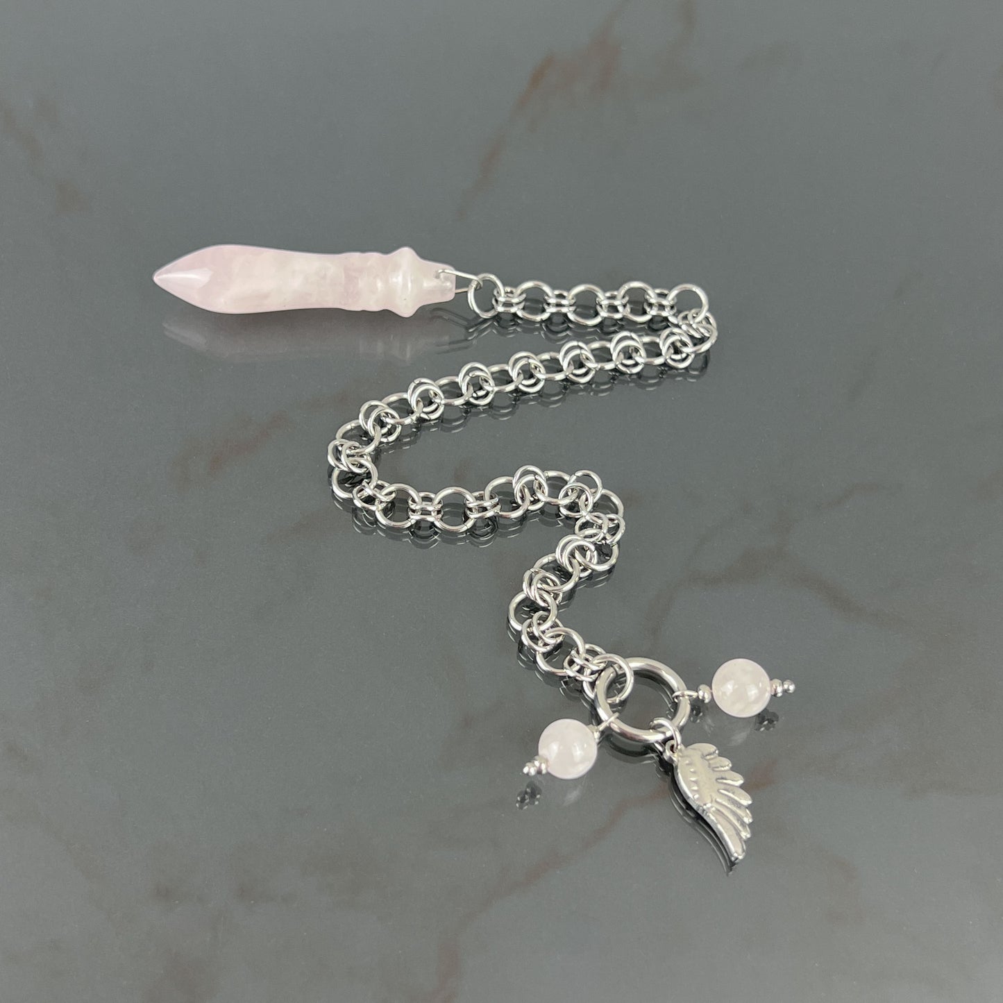 Egyptian Thot pendulum rose quartz chainmail, wing and stainless steel