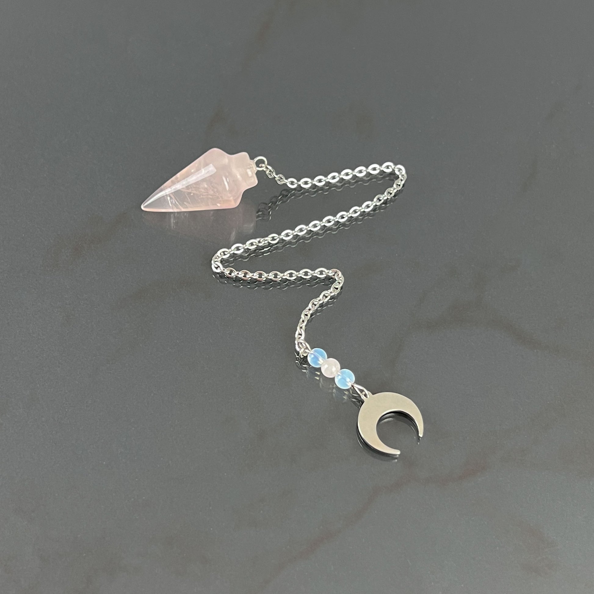 Rose quartz and opalite dowsing pendulum, pocket size, stainless steel, horn charm Baguette Magick