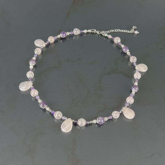 Rose quartz, amethyst and stainless steel Versailles princess choker