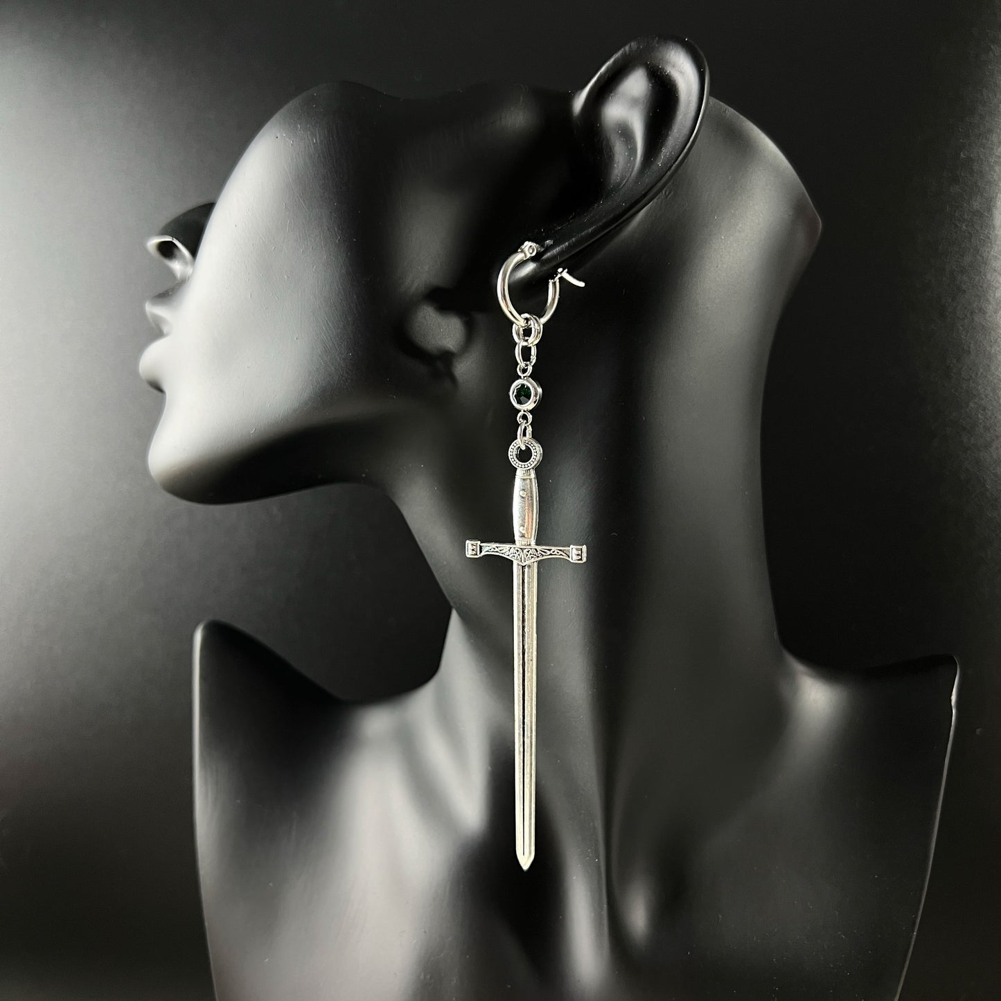 Excalibur hoop earrings, swords and green rhinestones Baguette Magick