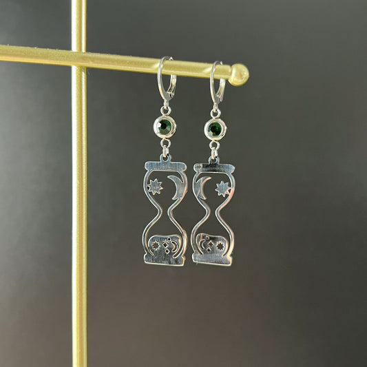 Celestial hourglass stainless steel earrings with emerald green rhinestones Baguette Magick