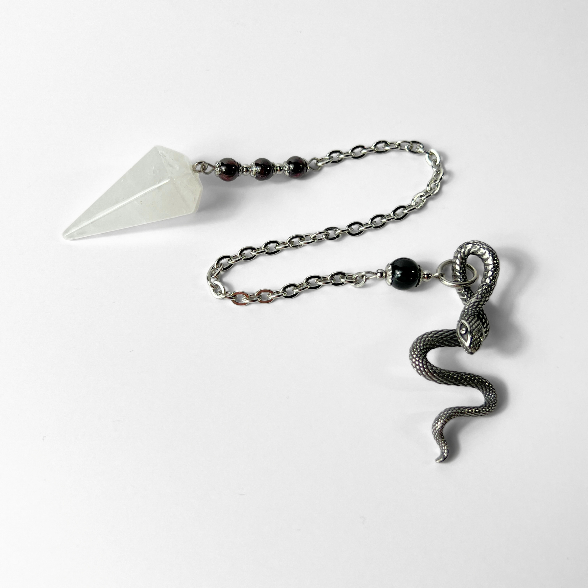 Quartz, garnet and obsidian snake dowsing pendulum Baguette Magick