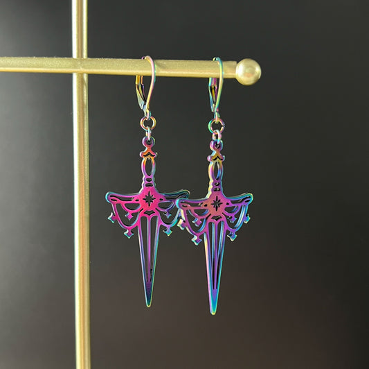 Athame dagger earrings, rainbow stainless steel Baguette Magick