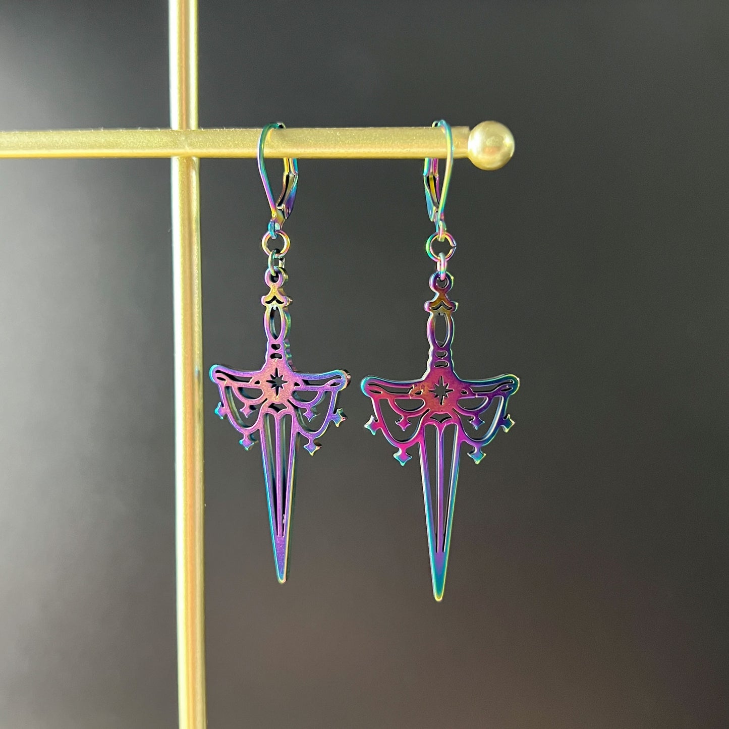 Athame dagger earrings, rainbow stainless steel Baguette Magick