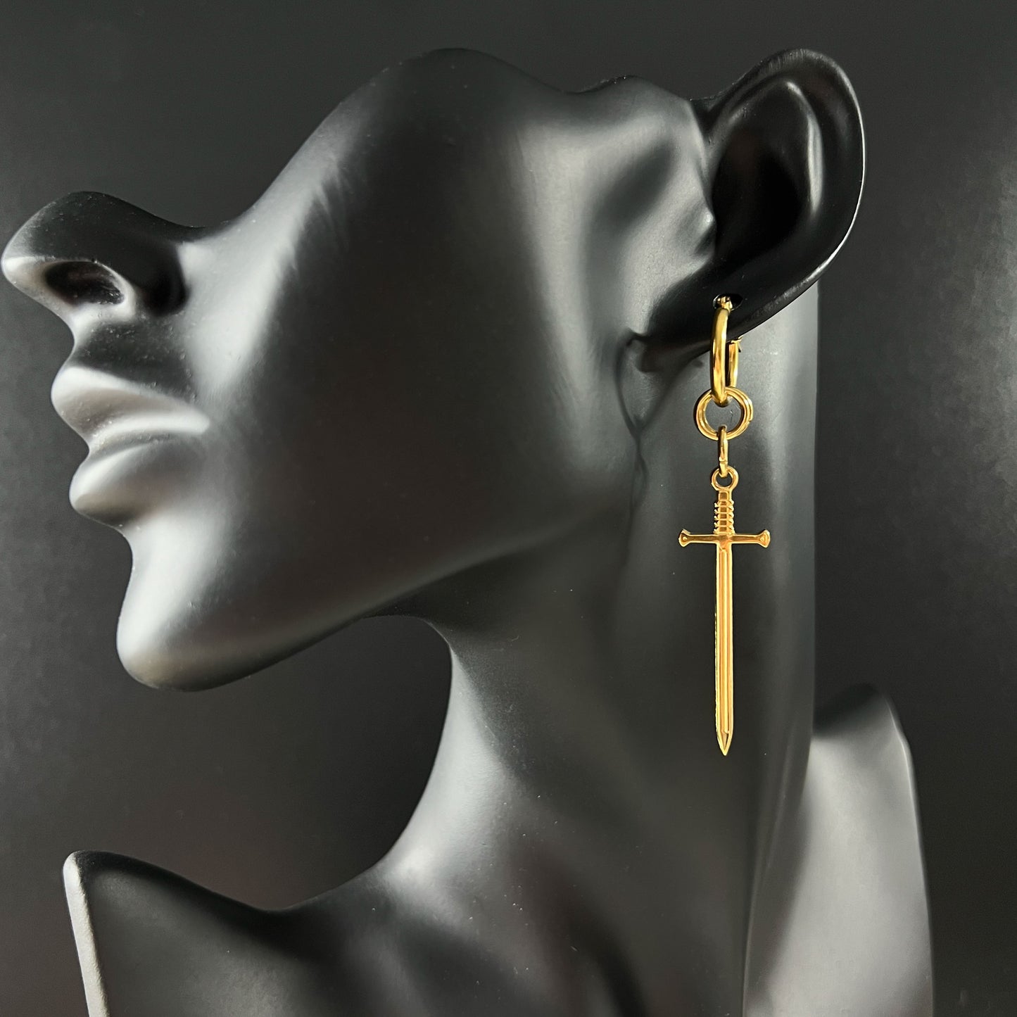 Gold hoop sword earrings, fantasy jewelry, stainless steel and 18k gold plated Baguette Magick