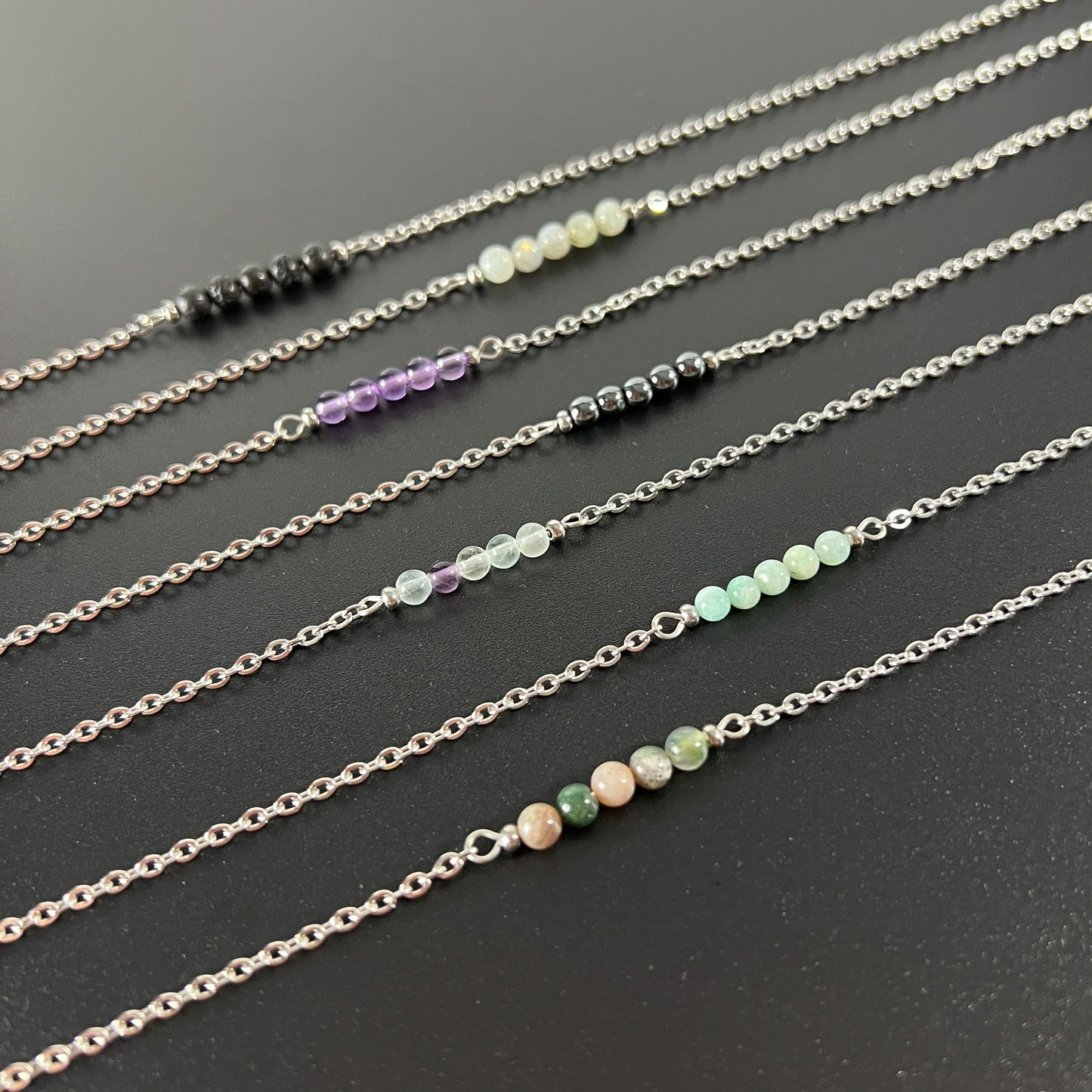 Round beads gemstone necklace, hypoallergenic waterproof stainless steel
