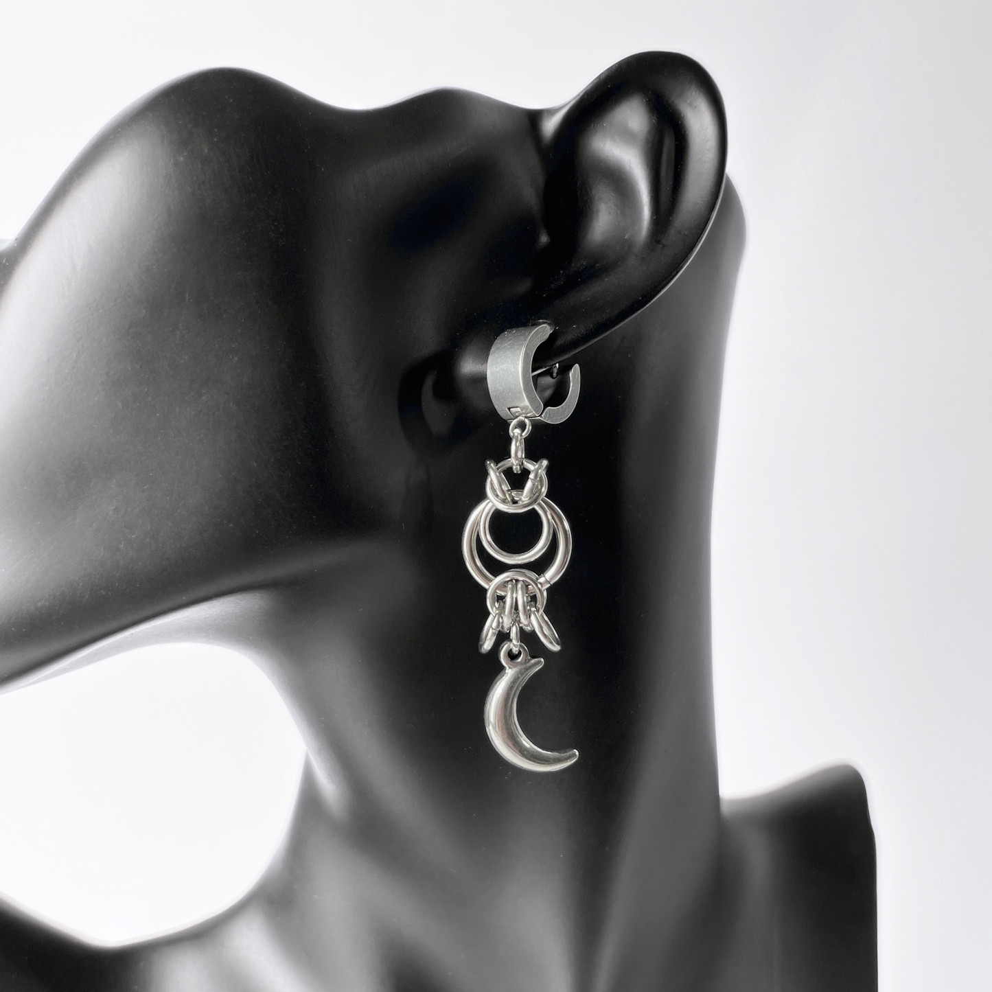Celestial chainmail earrings, Byzantine weave and Moon crescent, stainless steel