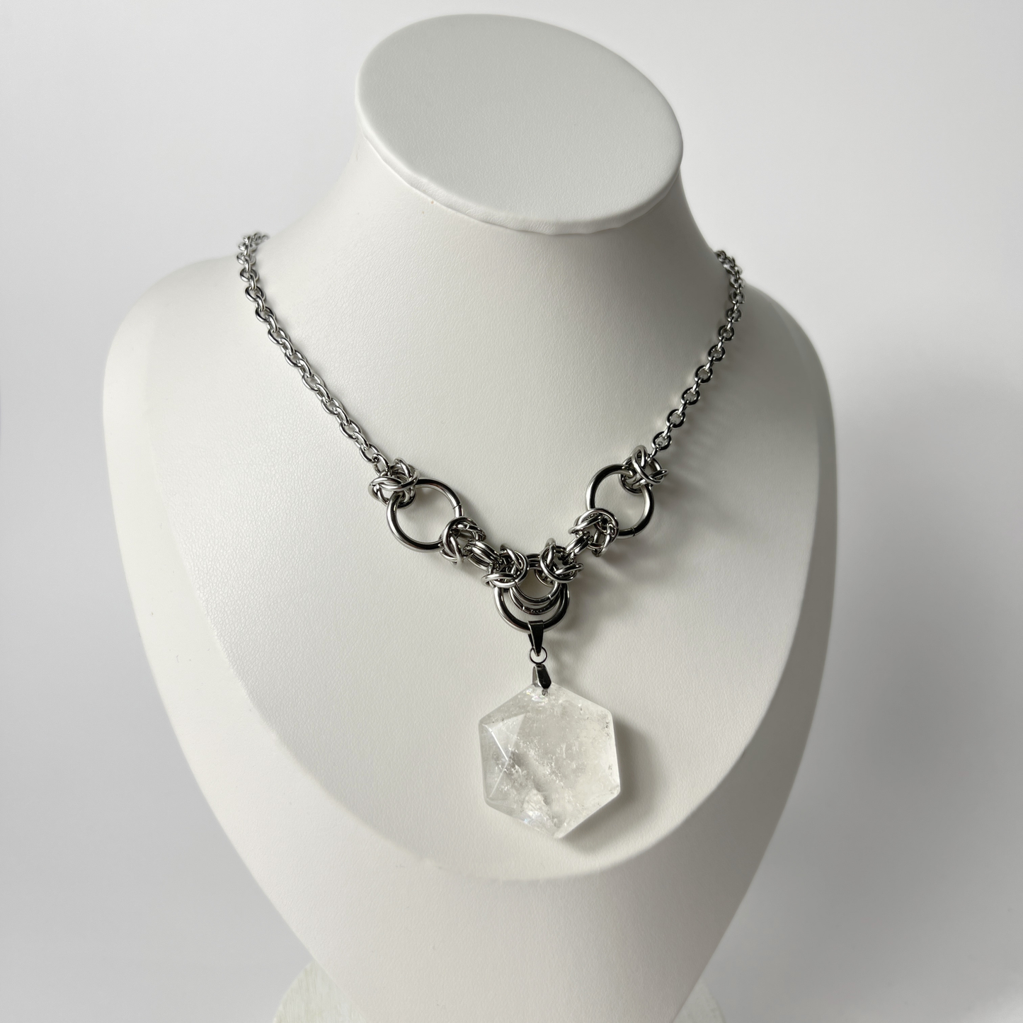 Quartz hexagram necklace with chainmail accents Baguette Magick