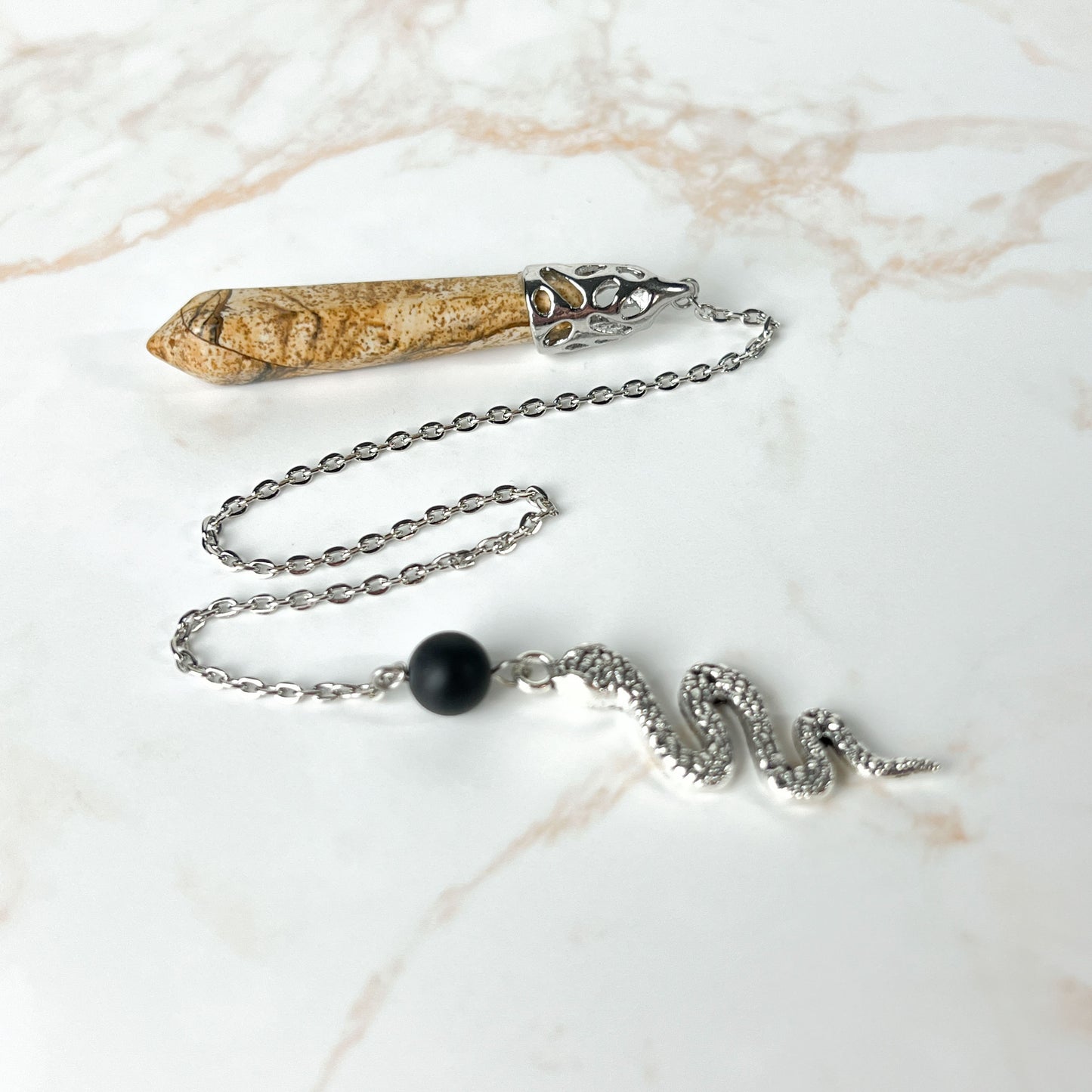 Snake dowsing pendulum, multiple gemstones Baguette Magick