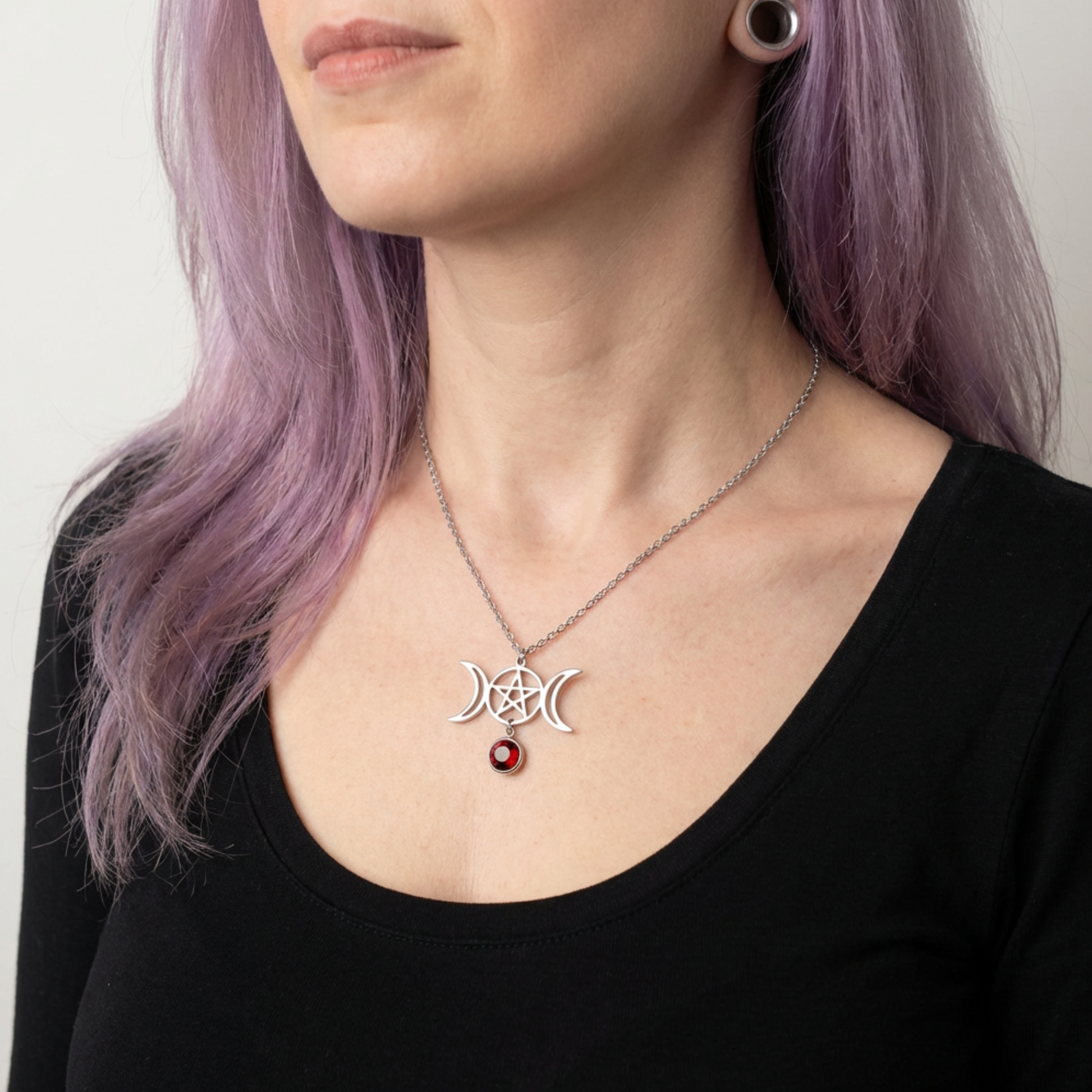 Triple moon and pentacle necklace wiccan jewelry Baguette Magick