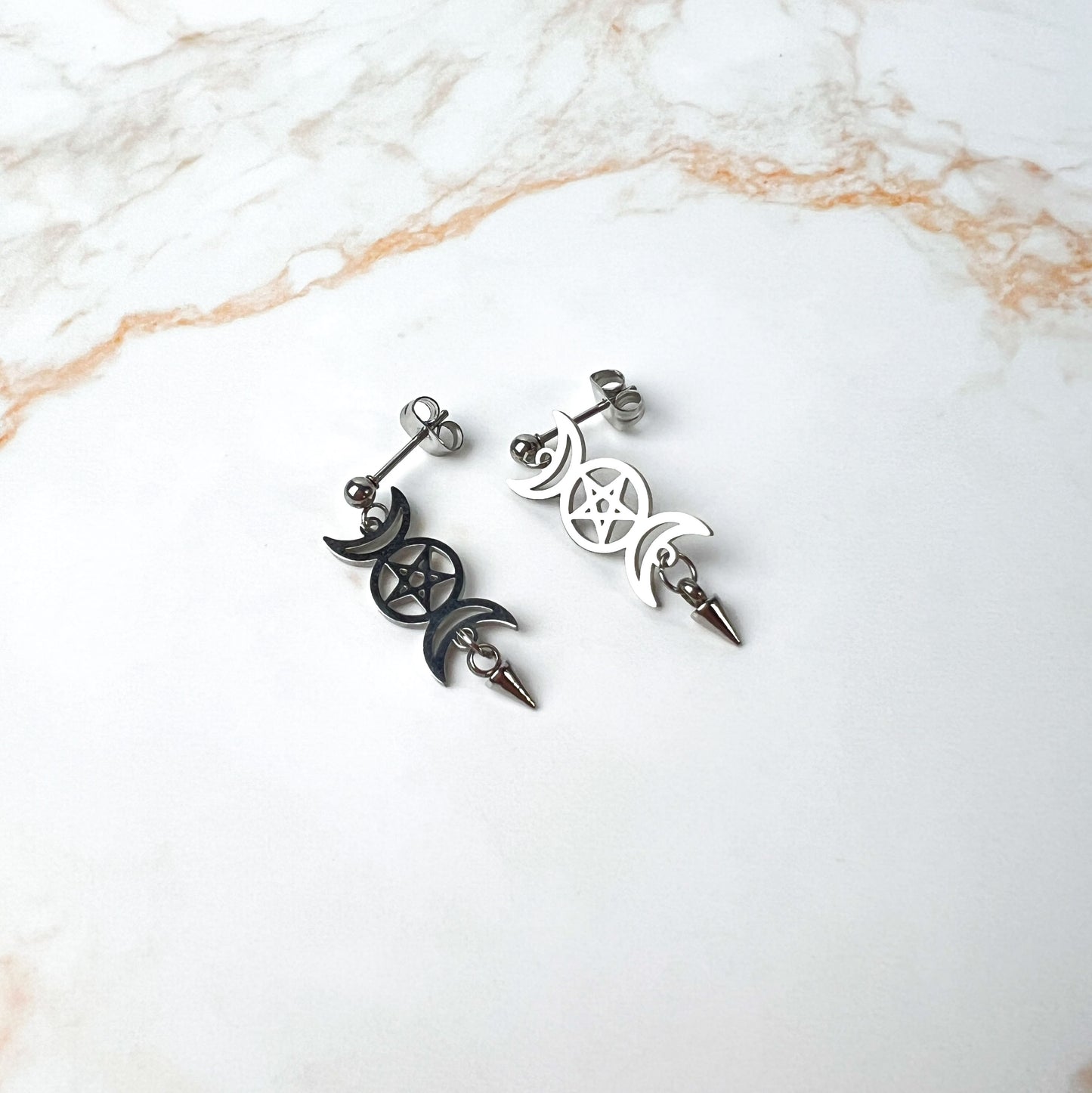 Triple Moon and pentacle stud earrings, stainless steel Baguette Magick