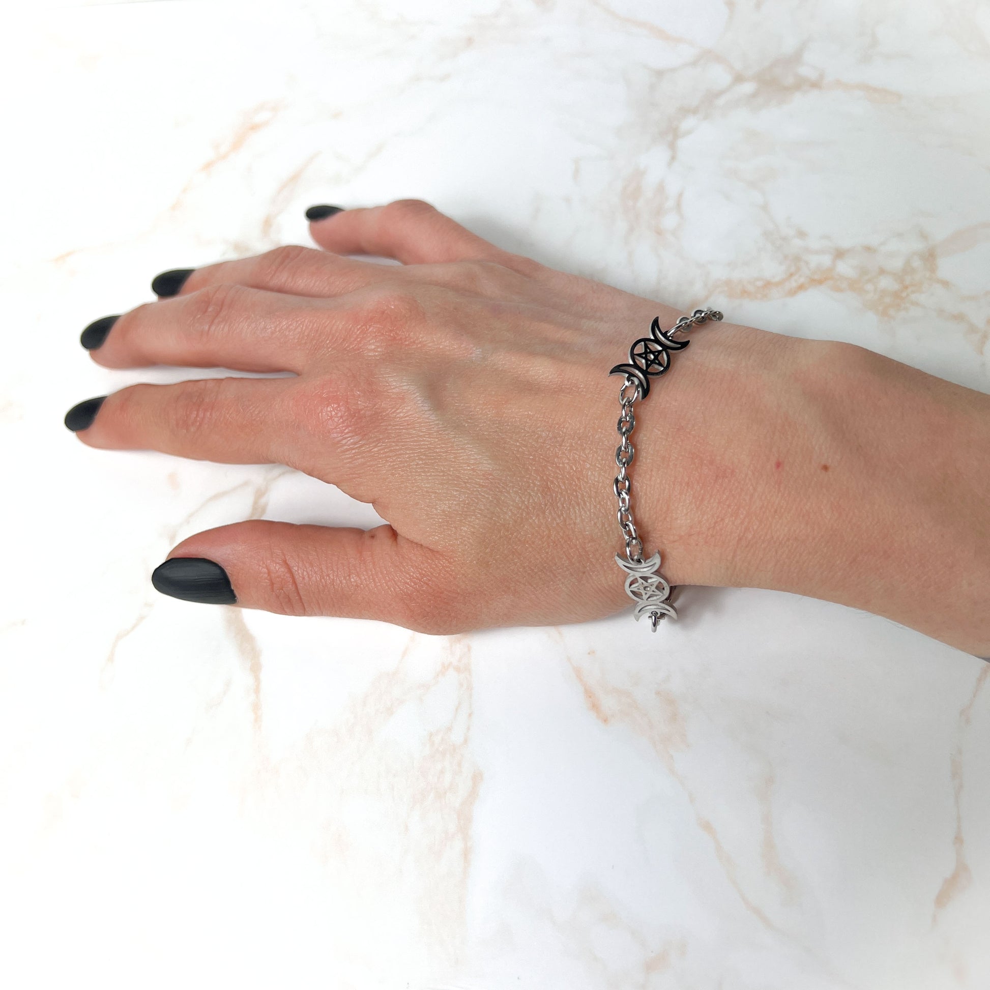 Triple Moon and pentacle bracelet, stainless steel Baguette Magick