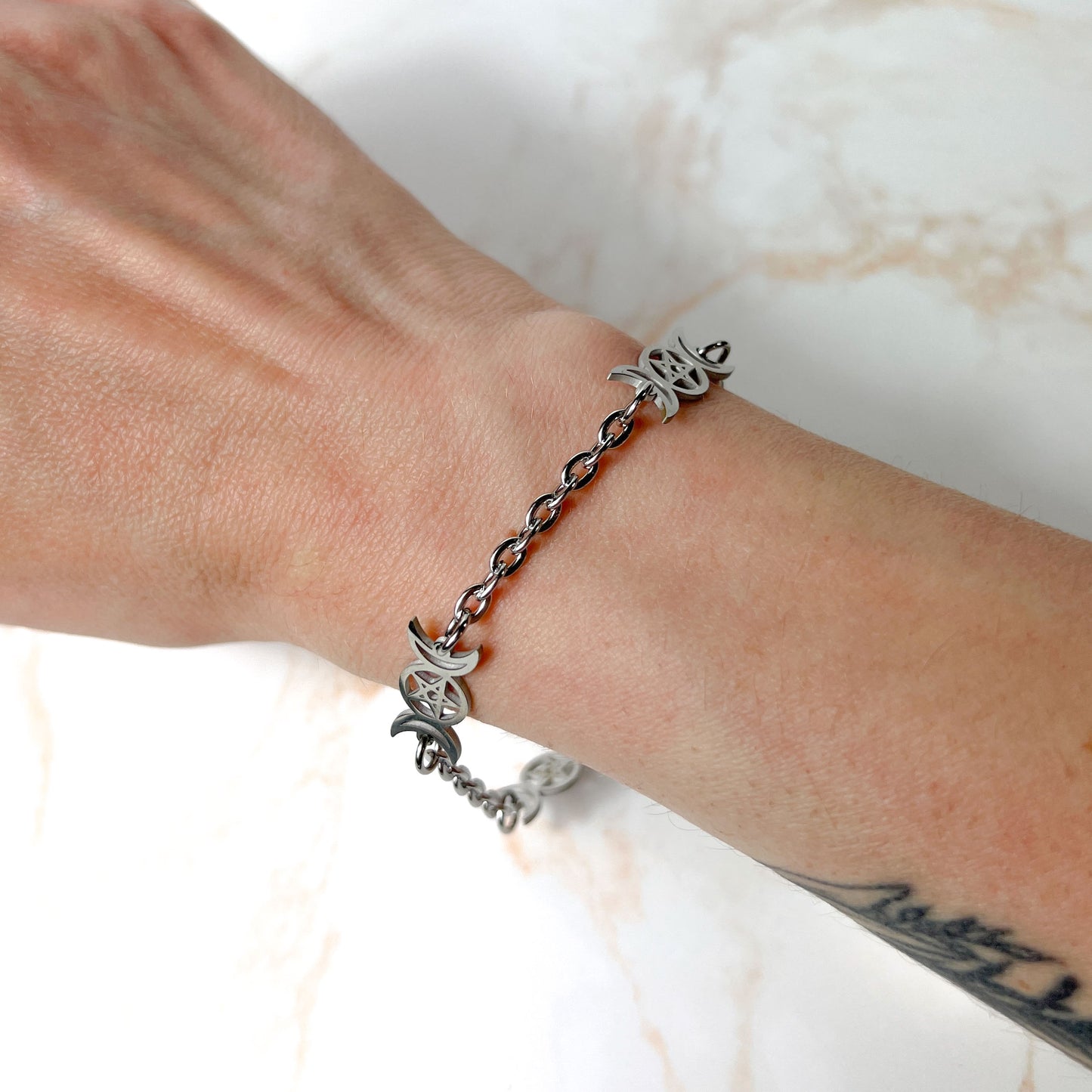 Triple Moon and pentacle bracelet, stainless steel Baguette Magick