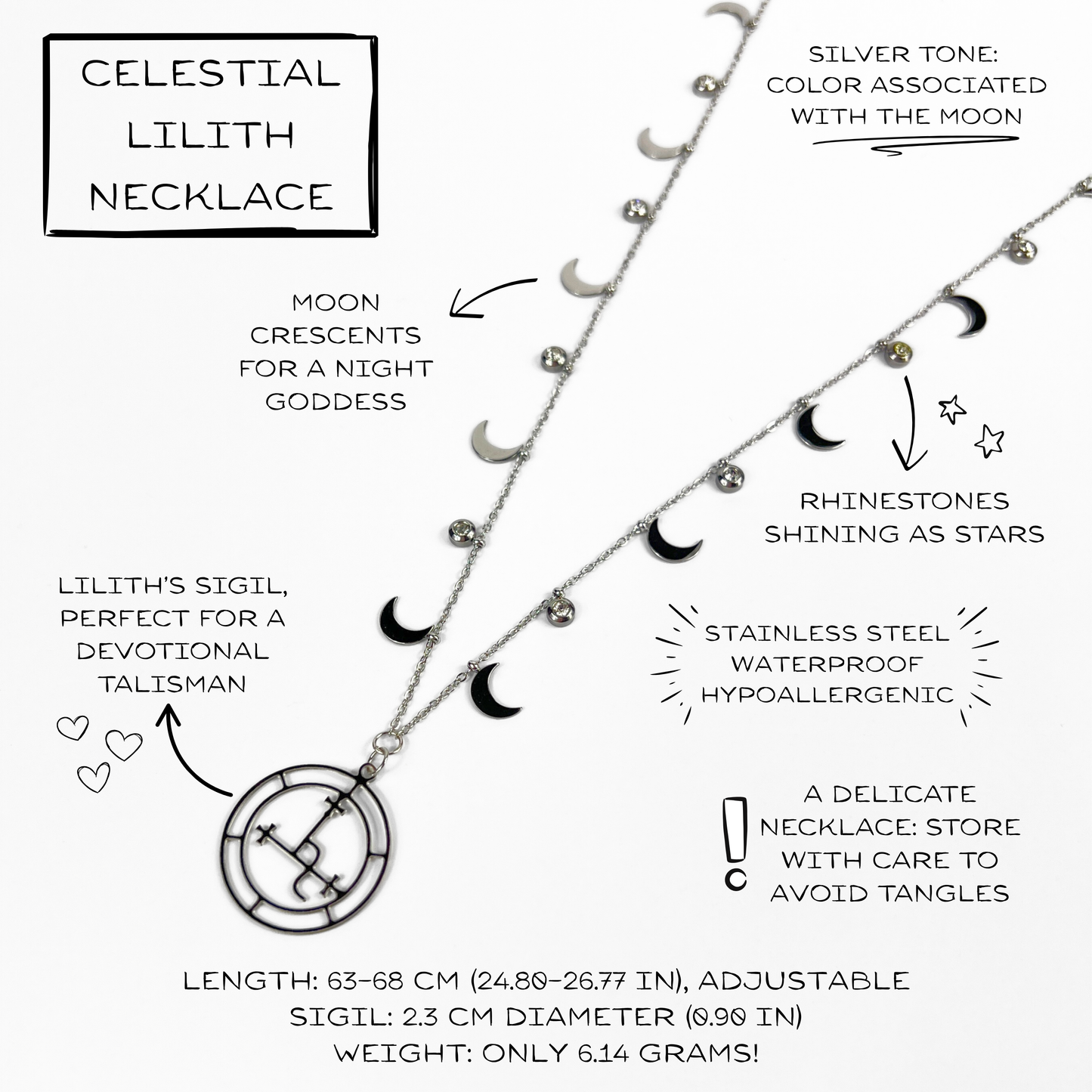 Lilith sigil necklace, dainty chain, moon crescent charms, rhinestones, silver tone stainless steel, alternative occult devotional jewelry for witchcraft