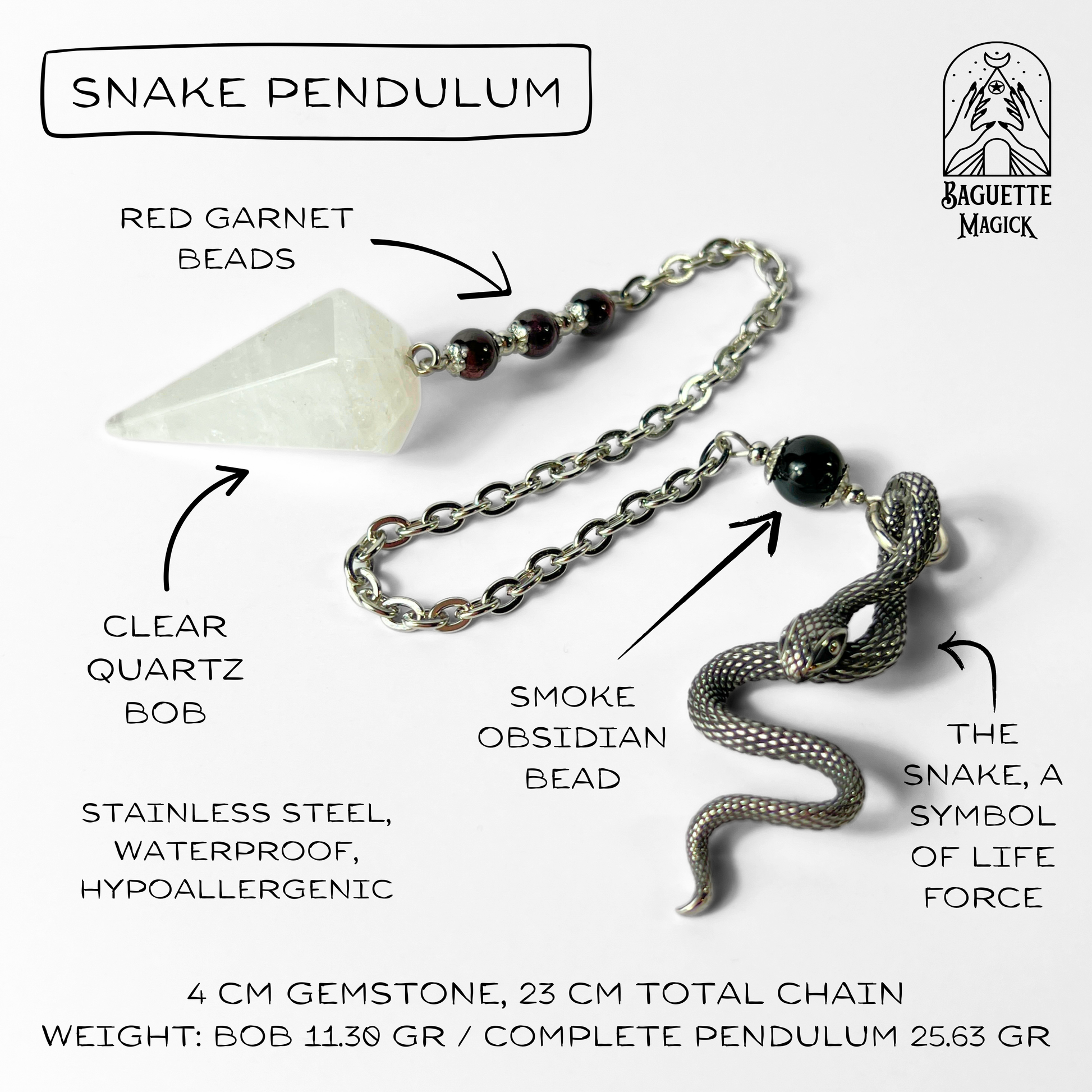 Quartz, garnet and obsidian snake dowsing pendulum Baguette Magick