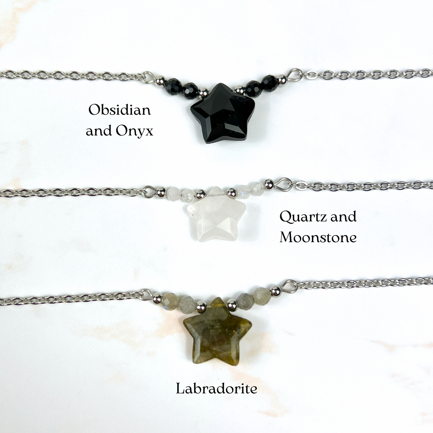 Gemstone star and beads choker necklace, stainless steel Baguette Magick