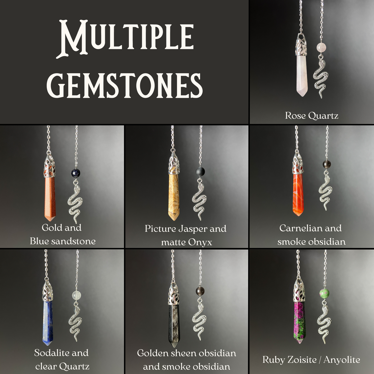 Snake dowsing pendulum, multiple gemstones Baguette Magick