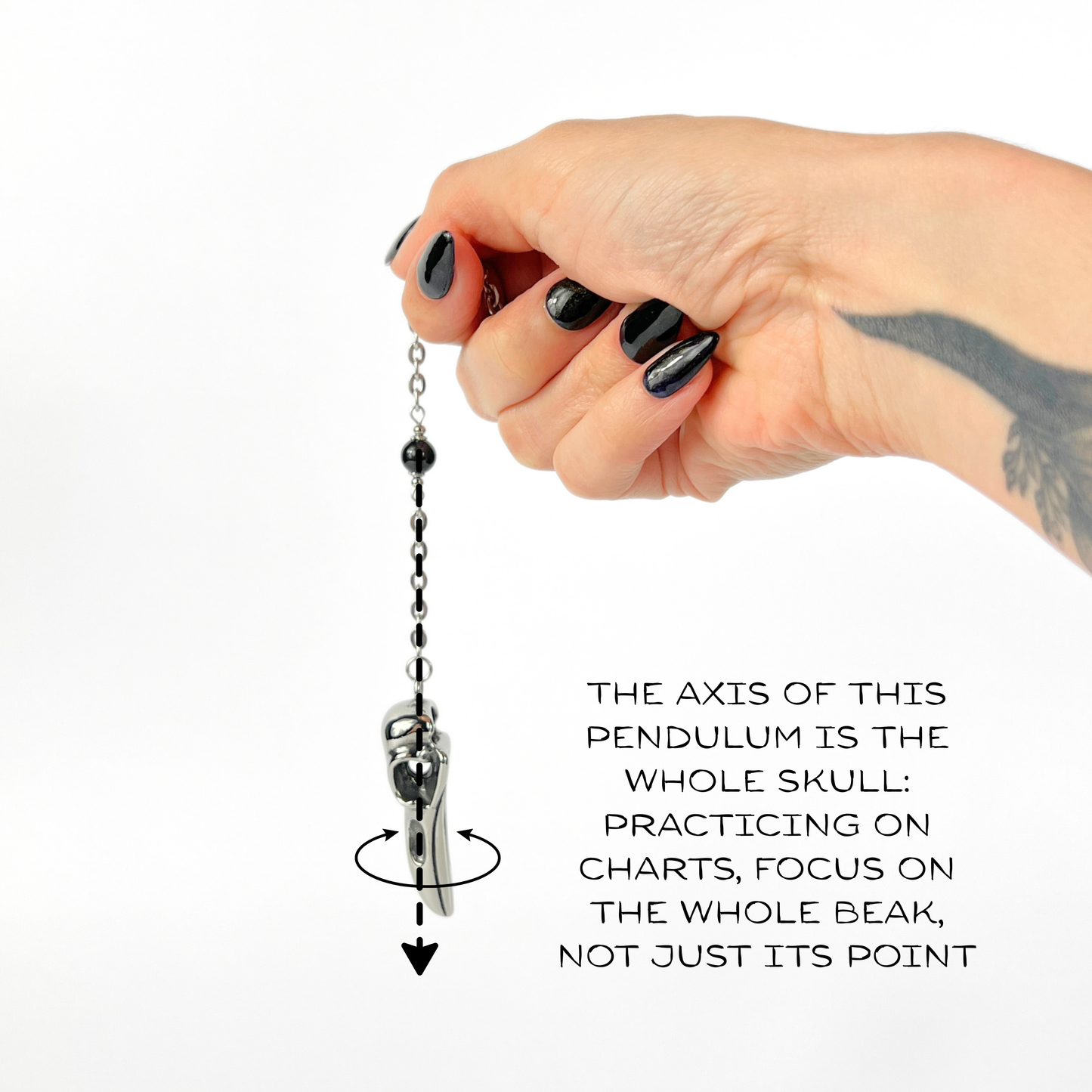 Raven skull and obsidian dowsing pendulum, stainless steel