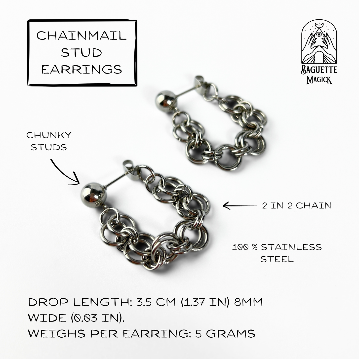 Chainmail gothic stud earrings Baguette Magick
