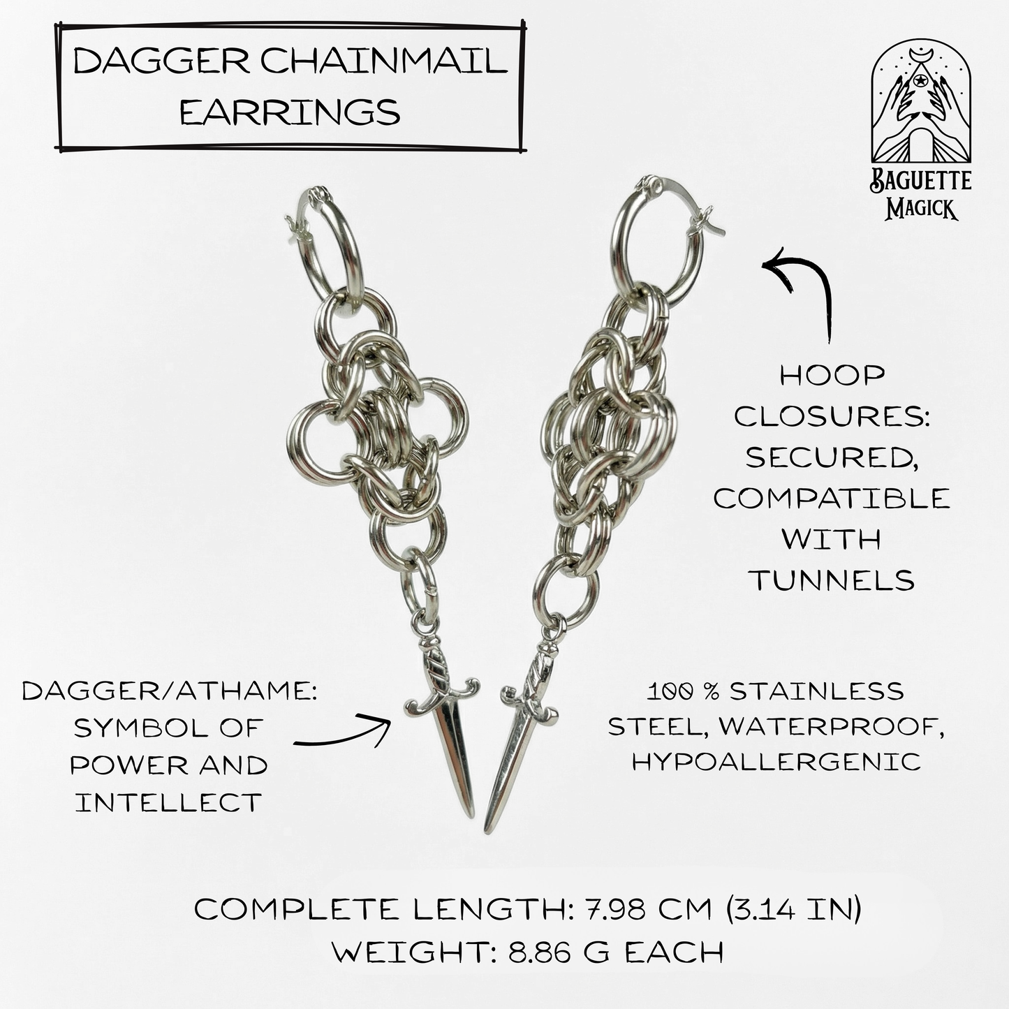 Dagger chainmail earrings, stainless steel Baguette Magick