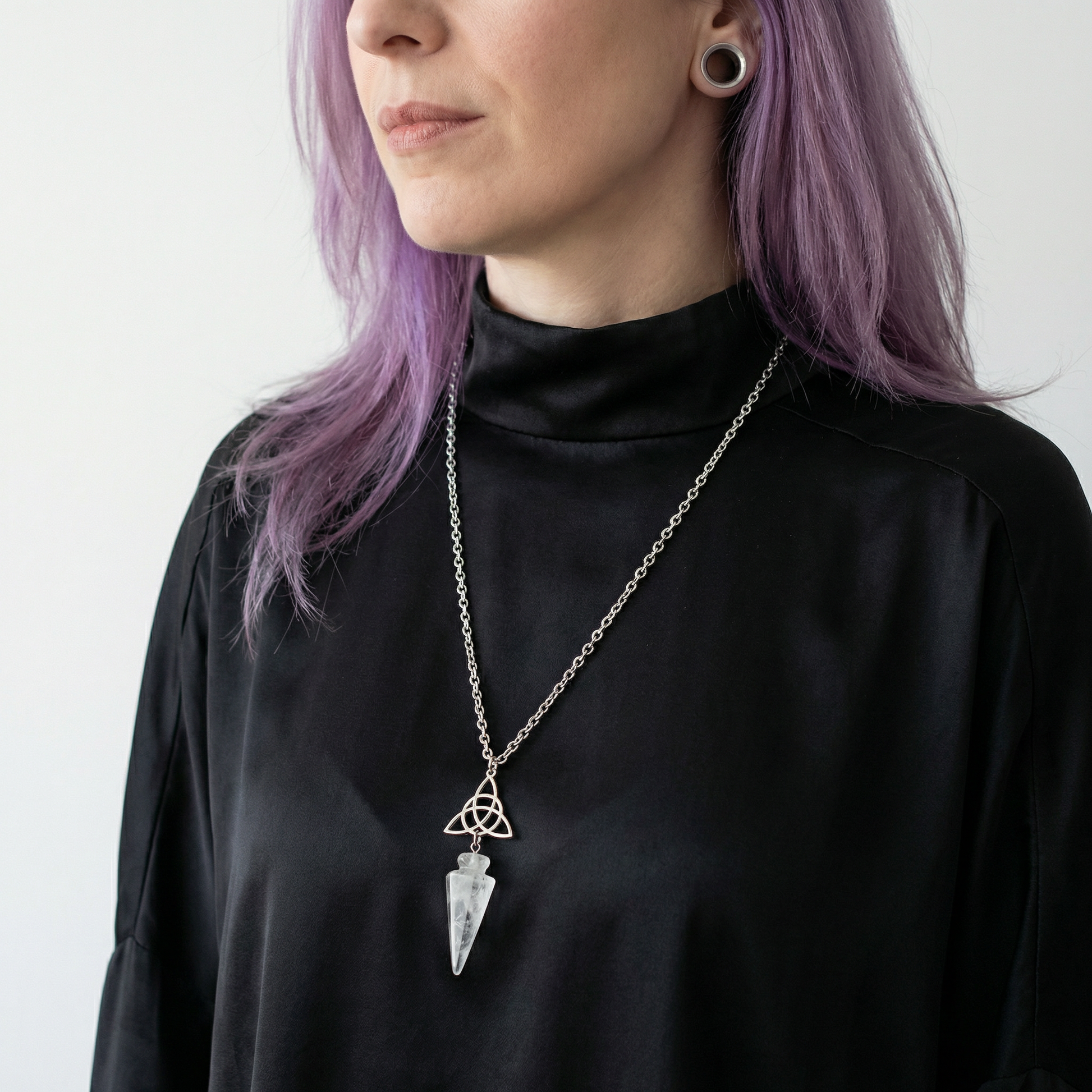 Clear quartz and triquetra Celtic knot pendulum necklace Baguette Magick