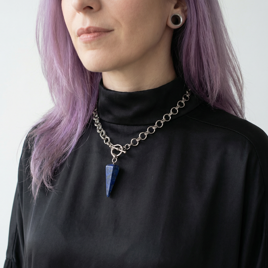 Lapis lazuli divination pendulum necklace, chainmail