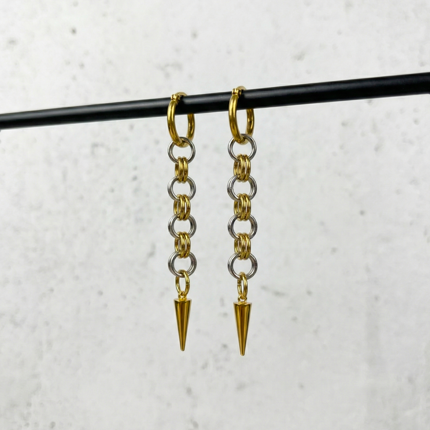 Silver and gold mixed metal chainmail earrings, hoops and spikes
