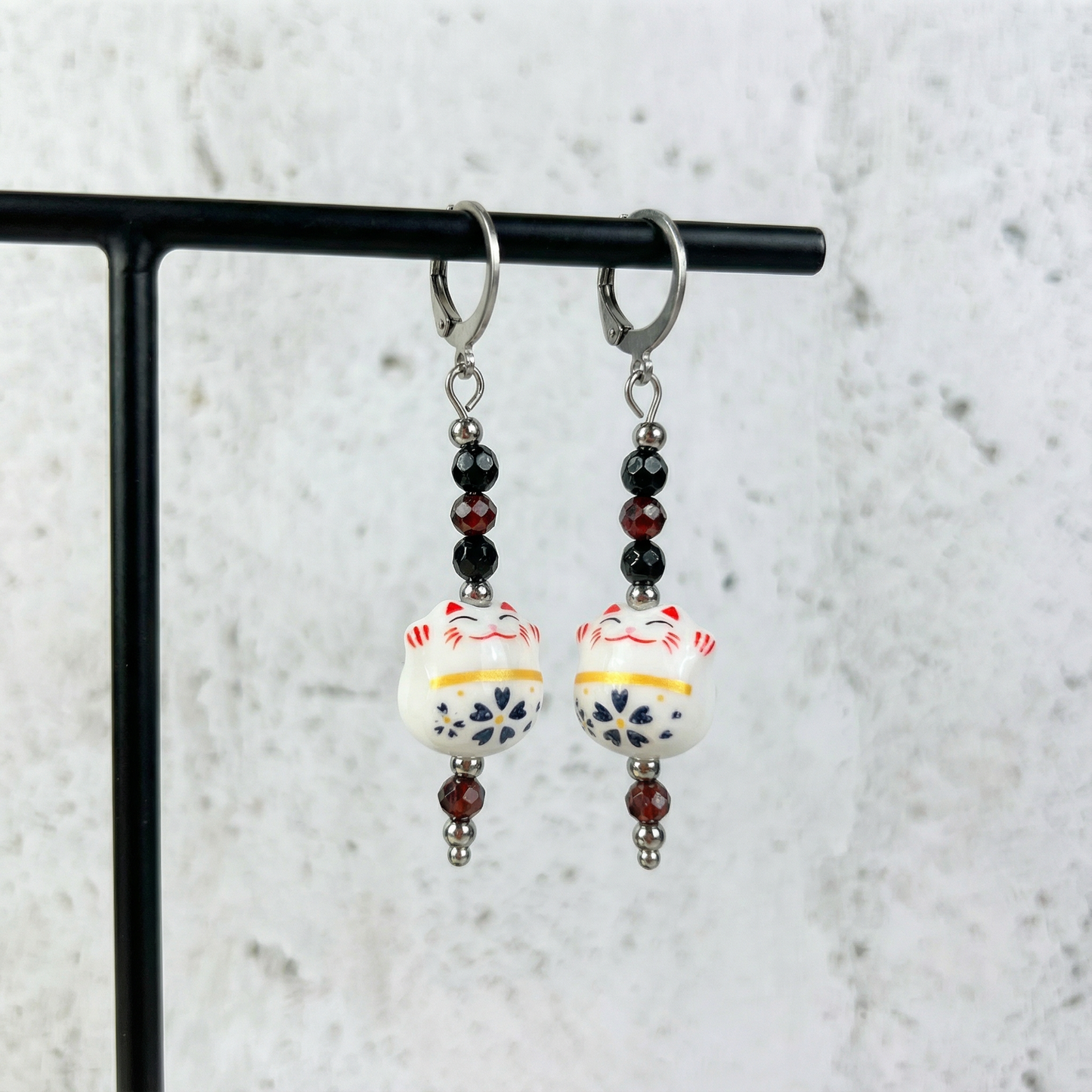 Maneki Neko Earrings, Onyx & Garnet