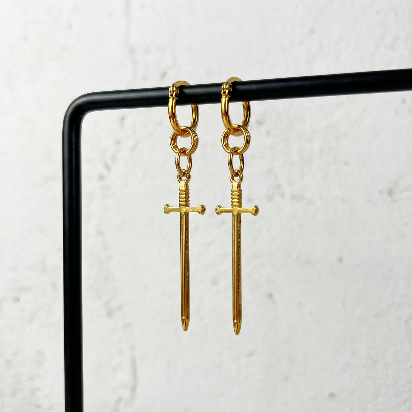 Gold hoop sword earrings, fantasy jewelry