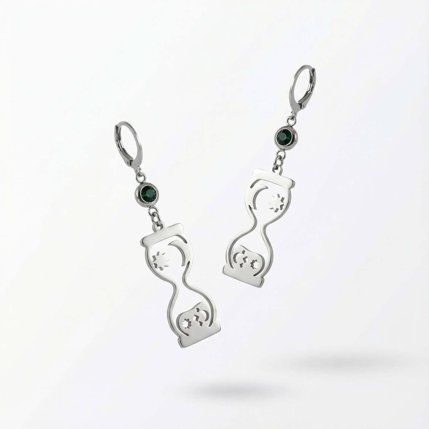 Celestial hourglass earrings with emerald green rhinestones Baguette Magick