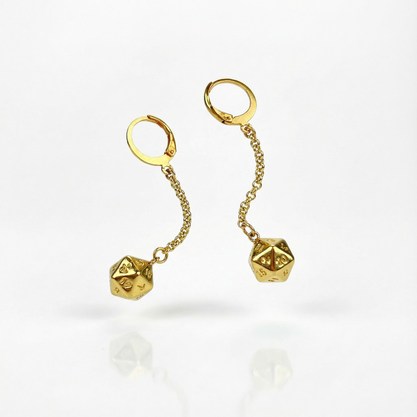 D20 gold dice roleplay earrings, 18k gold plated stainless steel Baguette Magick