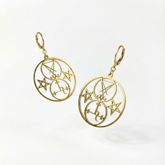 Golden Luciferian earrings, Lilith and Lucifer sigils, inverted pentacle Baguette Magick